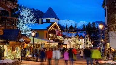 Una plaza nevada con edificios iluminados y un hotel destacado.