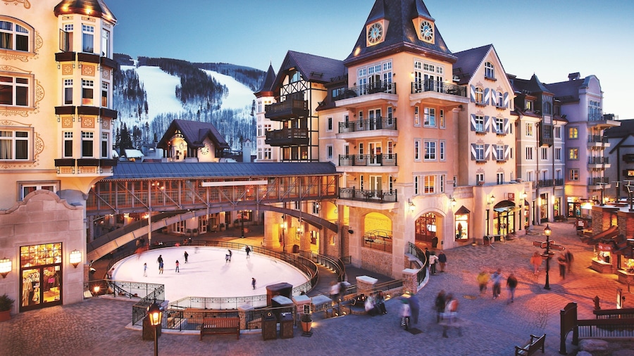 Vail which includes snow, ice skating and a square or plaza