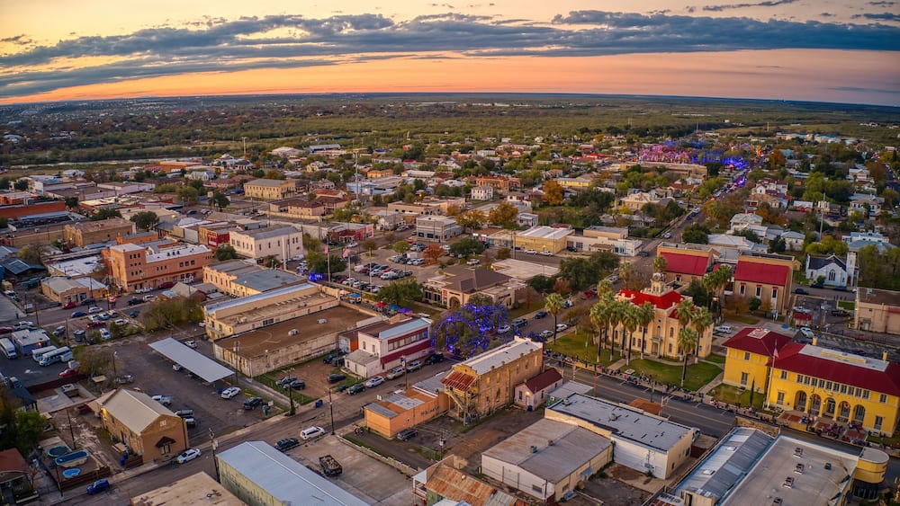 Aerial View of the popular Border Towns of Eagle Pass, Texas and Piedras Negras, Coahuila at Sunset