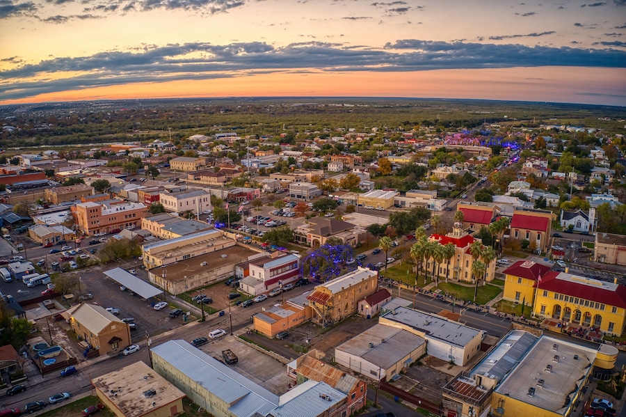Aerial View of the popular Border Towns of Eagle Pass, Texas and Piedras Negras, Coahuila at Sunset