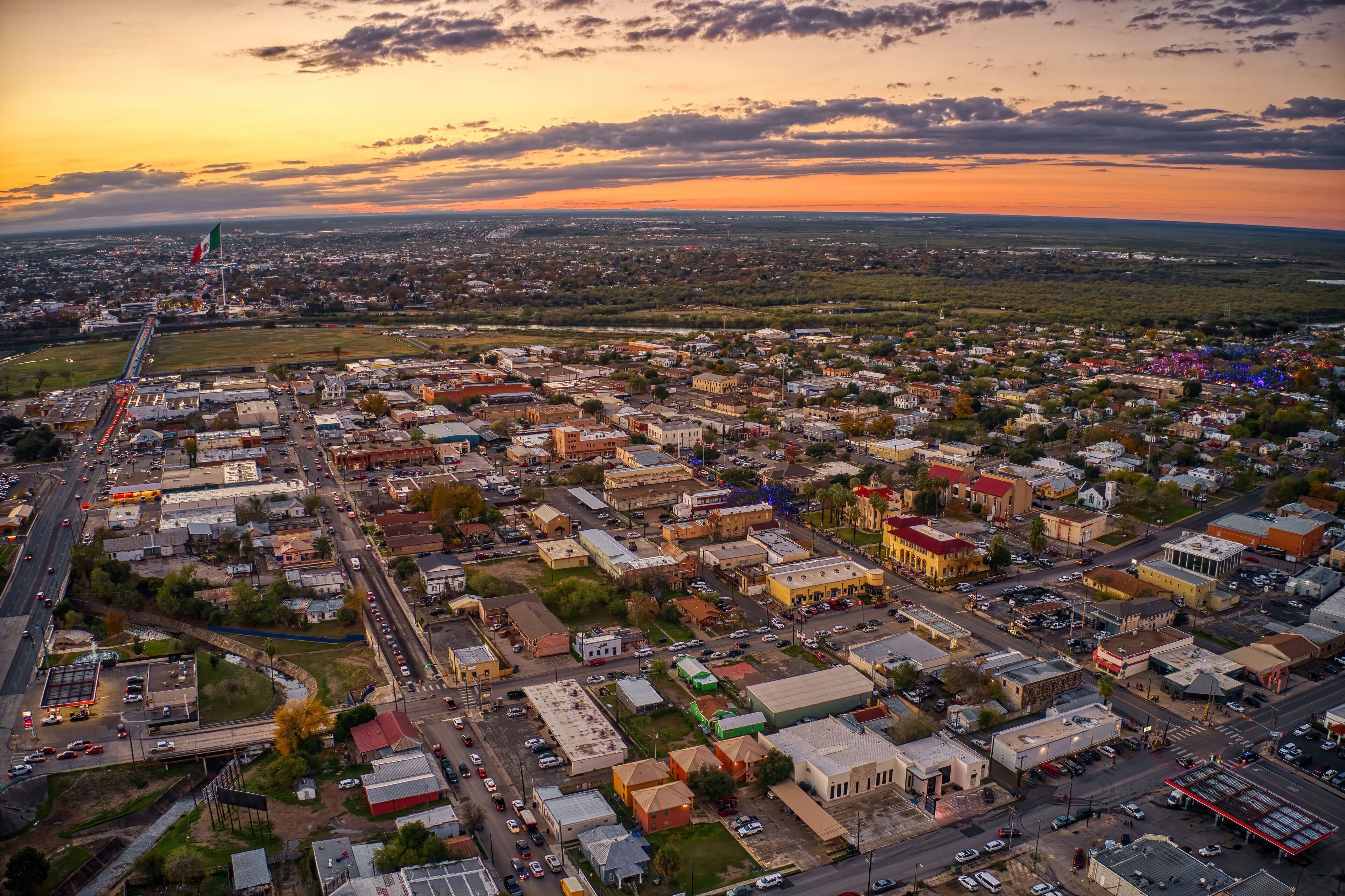 Aerial View of the popular Border Towns of Eagle Pass, Texas and Piedras Negras, Coahuila at Sunset