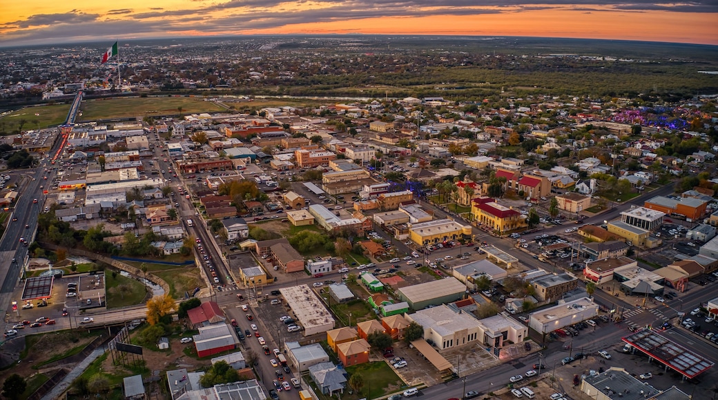 Aerial View of the popular Border Towns of Eagle Pass, Texas and Piedras Negras, Coahuila at Sunset
