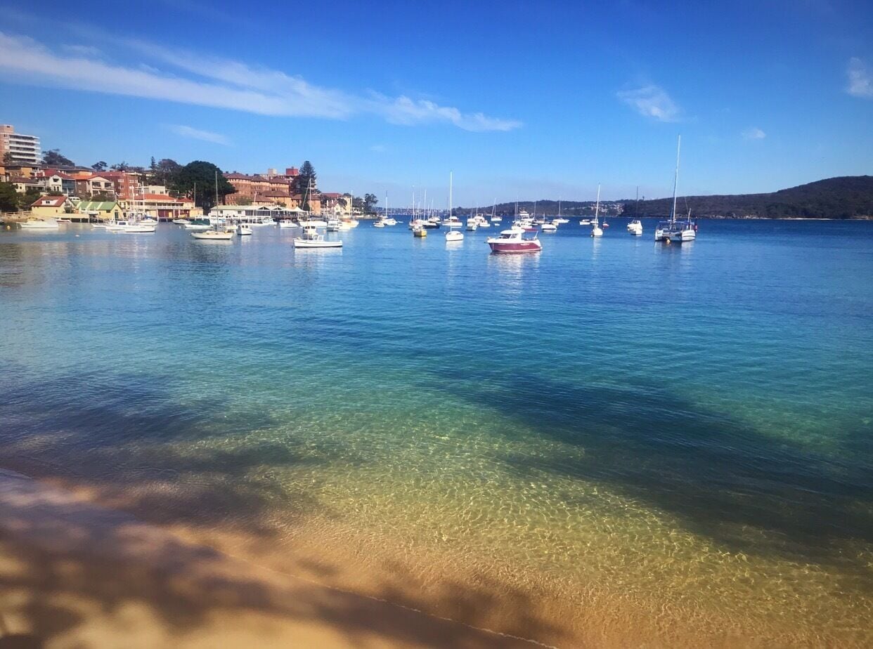 A marina with boats, clear water, and buildings in the background.