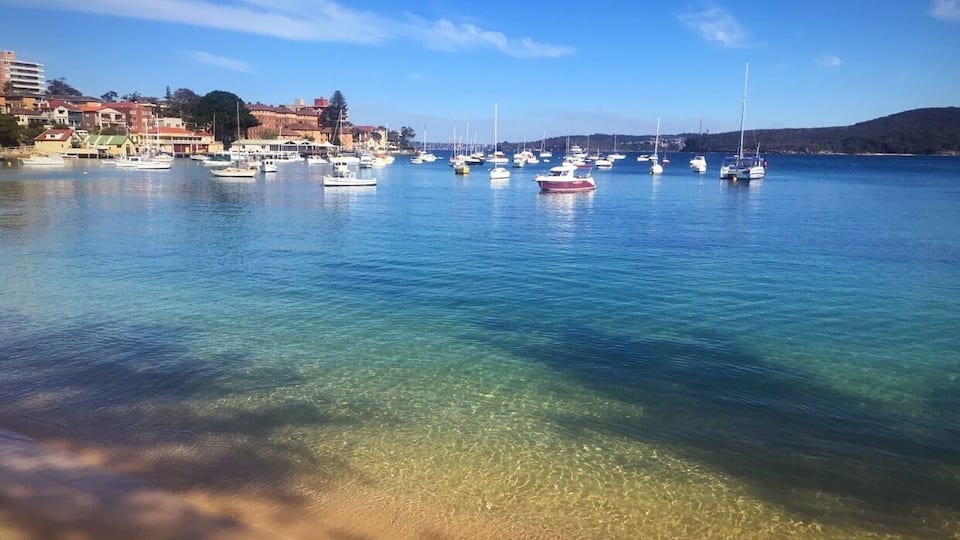 A marina with boats, clear water, and buildings in the background.