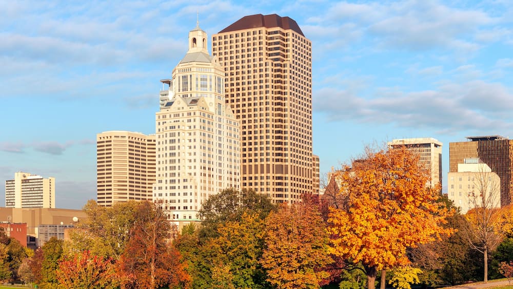 Panorama of Hartford highrises from the Bushnell park, Connecticut, USA