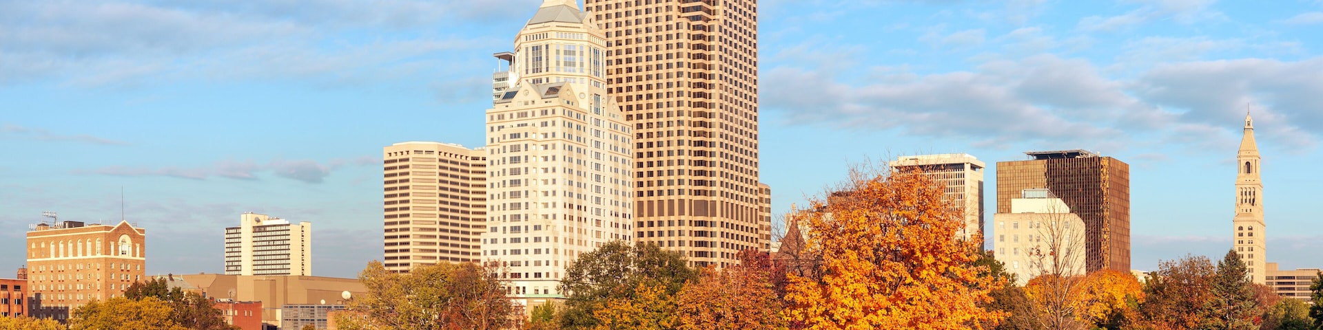 Panorama of Hartford highrises from the Bushnell park, Connecticut, USA