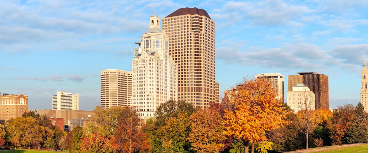 Panorama of Hartford highrises from the Bushnell park, Connecticut, USA