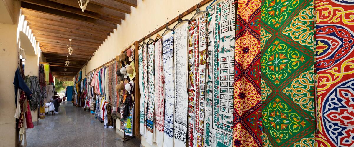 Dendera, Egypt - 20 January 2023: Traditional Souvenirs and Fabric Shops nearby Dendera Temple .