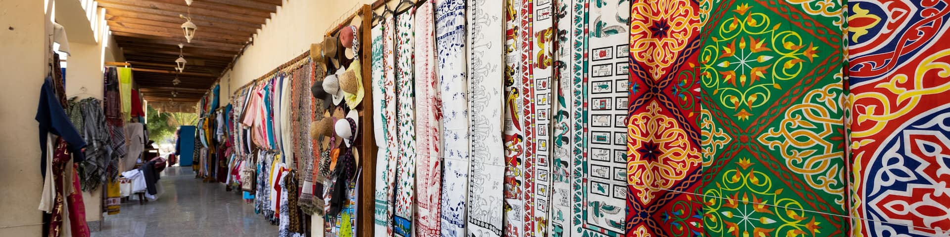 Dendera, Egypt - 20 January 2023: Traditional Souvenirs and Fabric Shops nearby Dendera Temple .