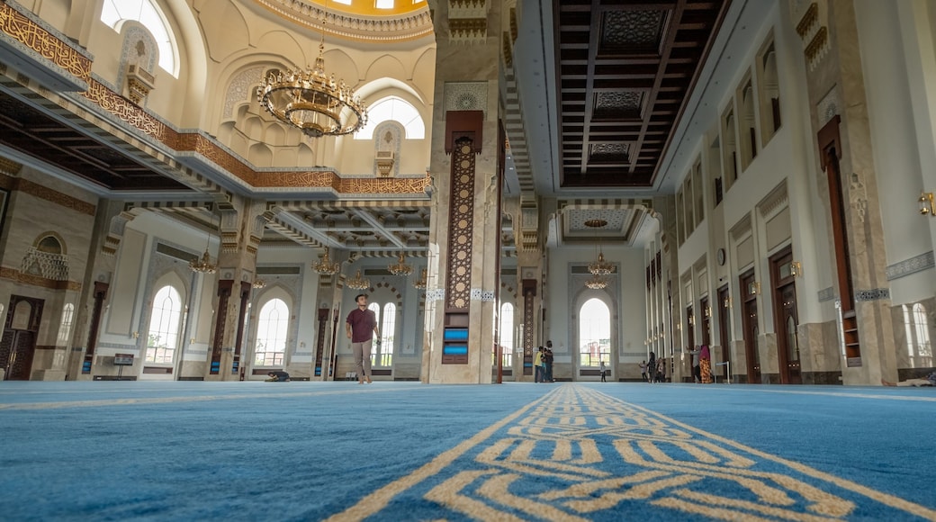 Beautiful prayer hall interior view at Sri Sendayan Mosque, Seremban, Negeri Sembilan, Malaysia.