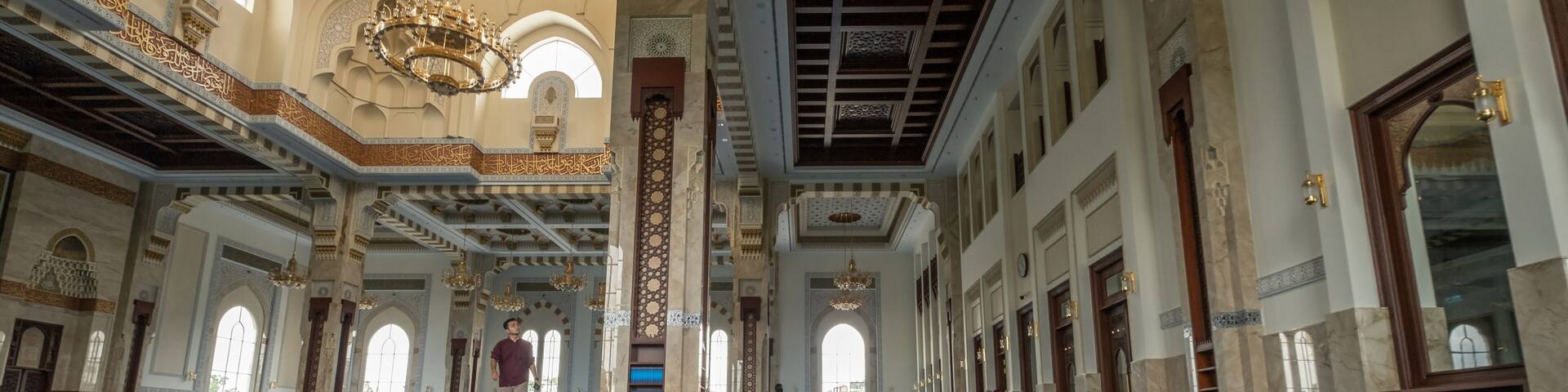 Beautiful prayer hall interior view at Sri Sendayan Mosque, Seremban, Negeri Sembilan, Malaysia.