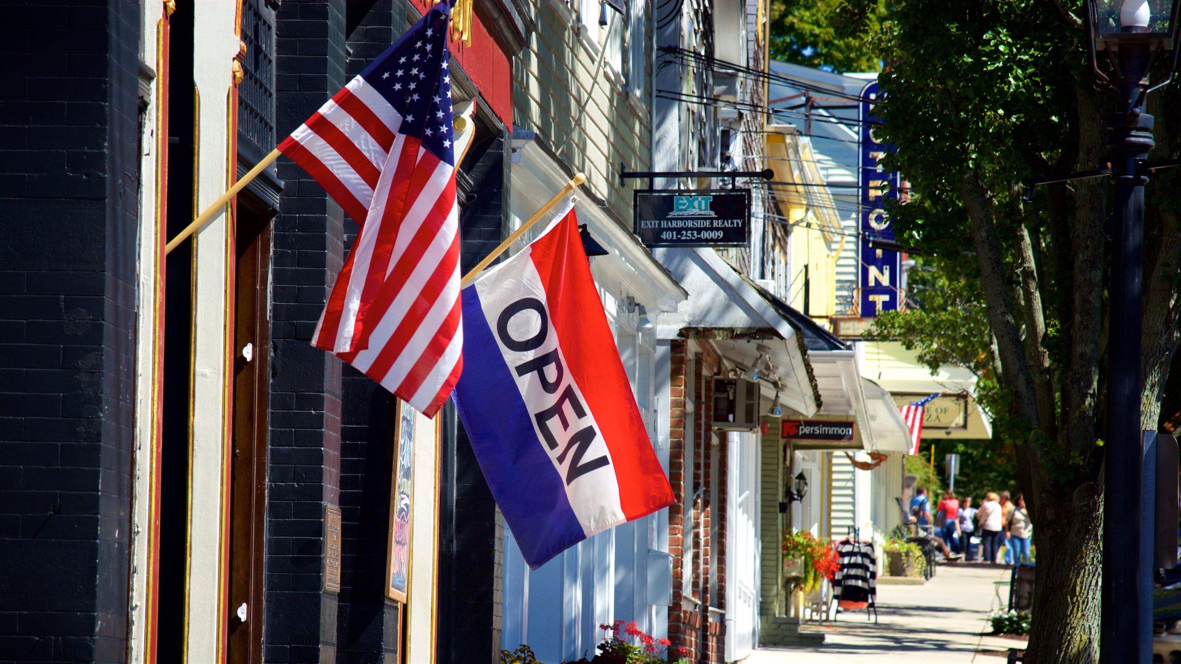 A street with flags, a sign for Exit Harborside Realty, and a Persimmon store.