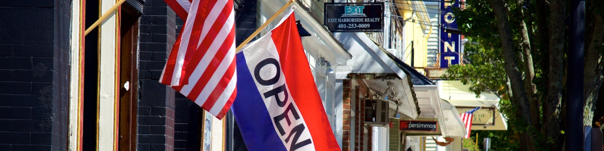 A street with flags, a sign for Exit Harborside Realty, and a Persimmon store.