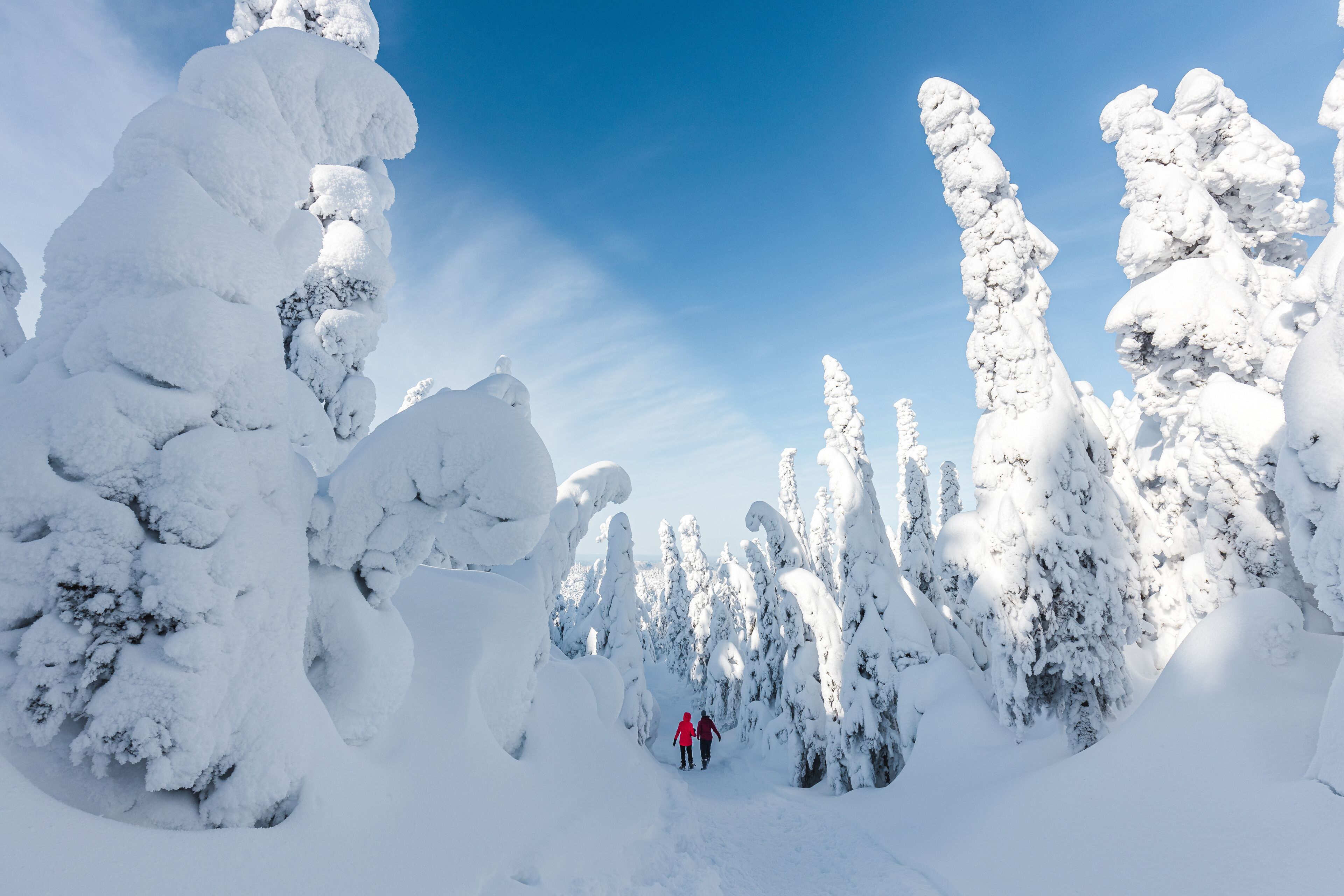 Couple dans une paysage d'hiver féérique au parc national des Monts-Valin. Vallée des Fantômes, Québec.