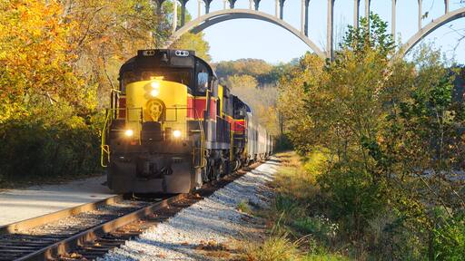Train approaching below bridge over Ohio's Cuyahoga Valley