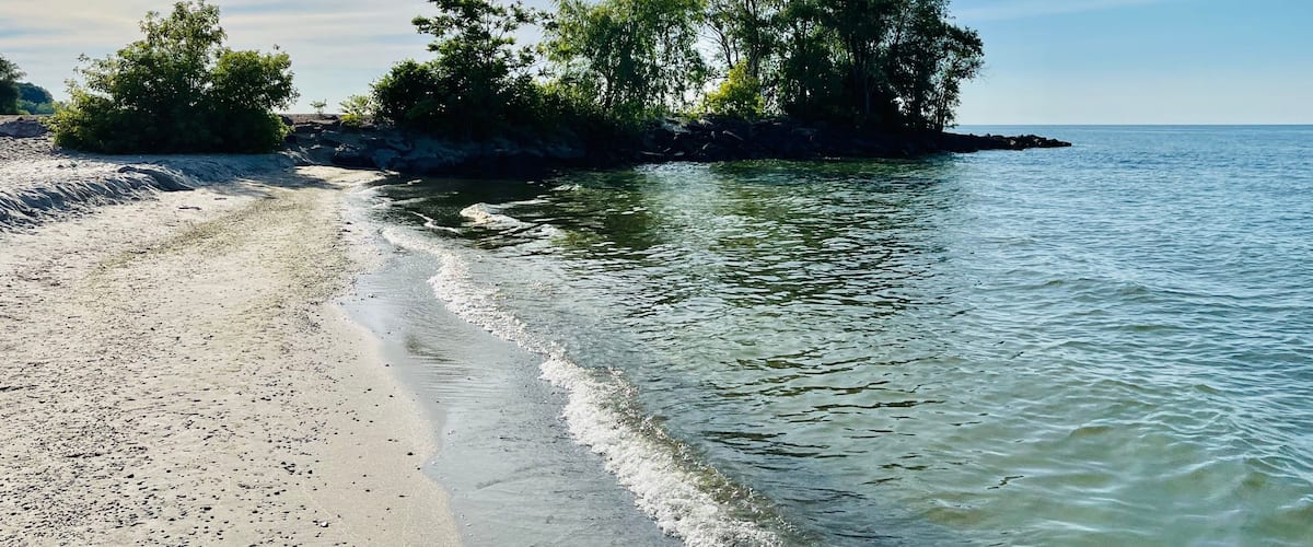 A sandy beach with gentle waves, a small island with trees, and a clear sky.