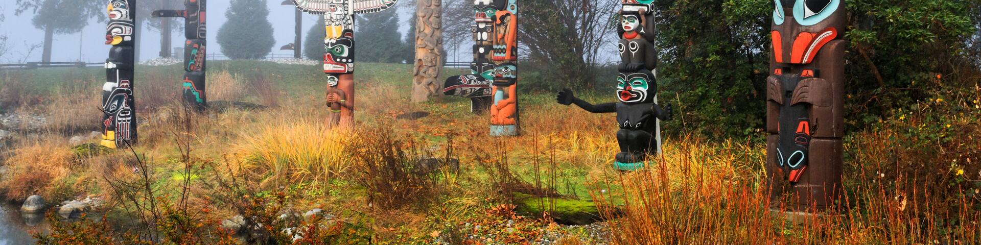 West Coast First Nations totem poles at Totem Park, Brockton Point, Stanley Park, Vancouver, British Columbia