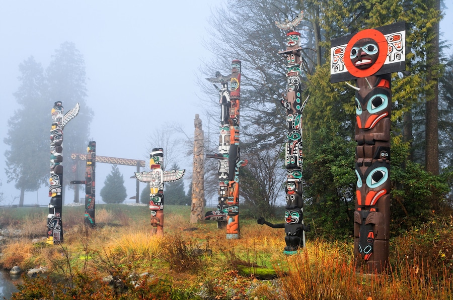 West Coast First Nations totem poles at Totem Park, Brockton Point, Stanley Park, Vancouver, British Columbia