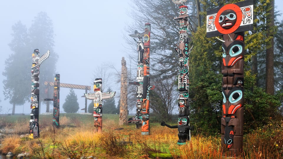 Totem poles with intricate carvings in a misty forest setting.