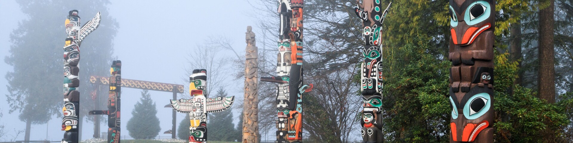 West Coast First Nations totem poles at Totem Park, Brockton Point, Stanley Park, Vancouver, British Columbia