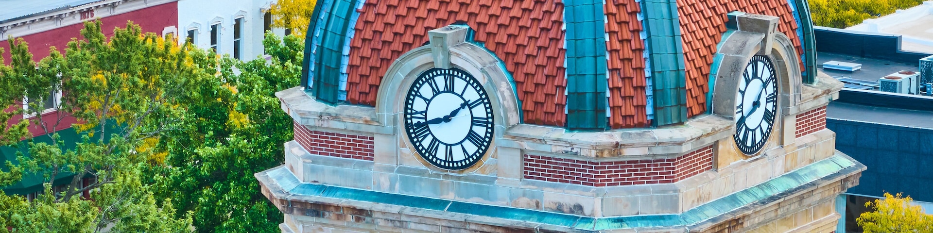 Aerial View of Historic Clock Tower Dome in Urban Goshen