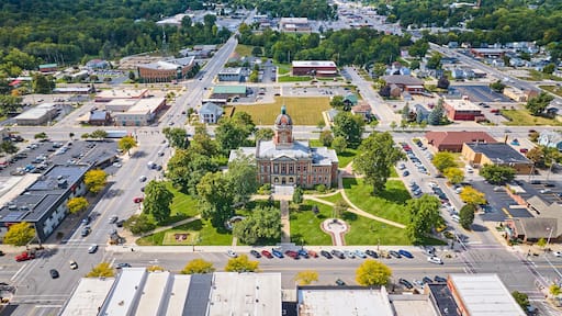 Aerial View of Elkhart County Courthouse and Small Town Charm