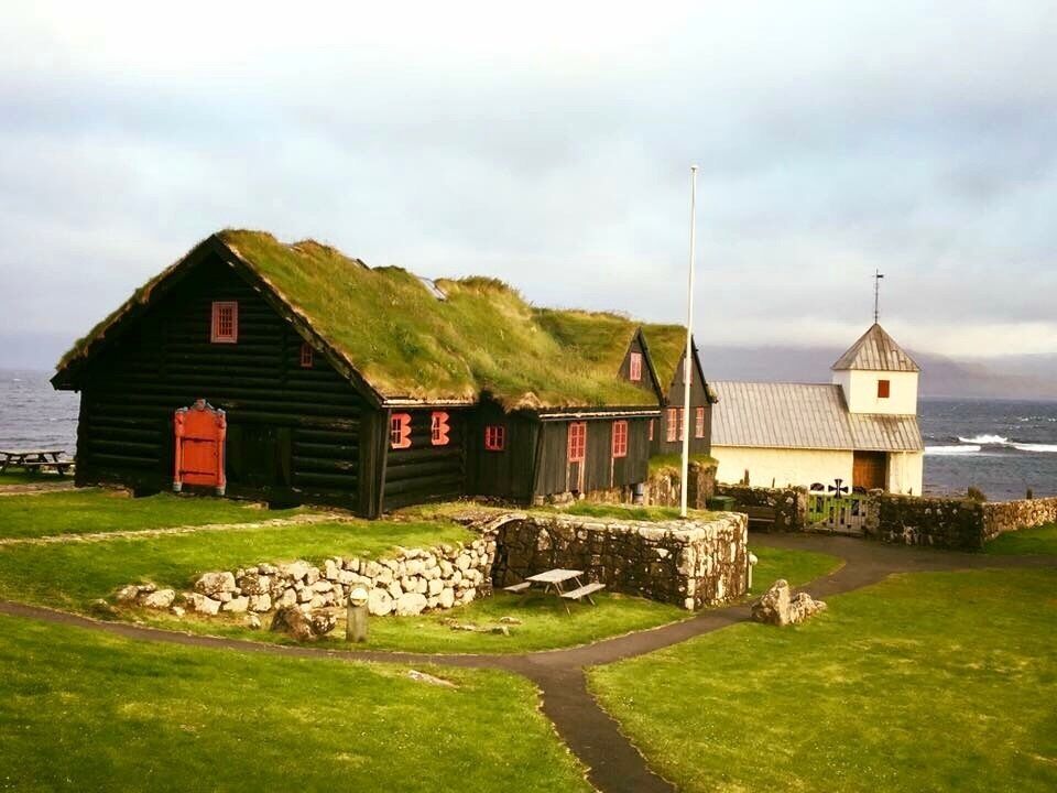 Typical grass roof houses in Faroe Islands 