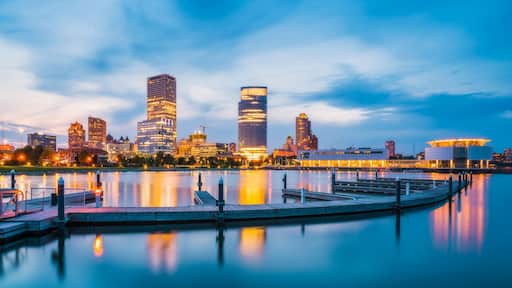 milwaukee skyline at night with reflection in lake michigan.