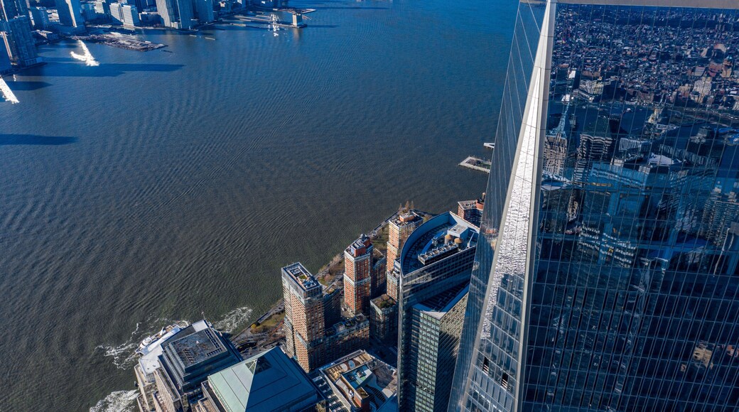 Aerial view of New York city and one world trade center brookfield place at day time