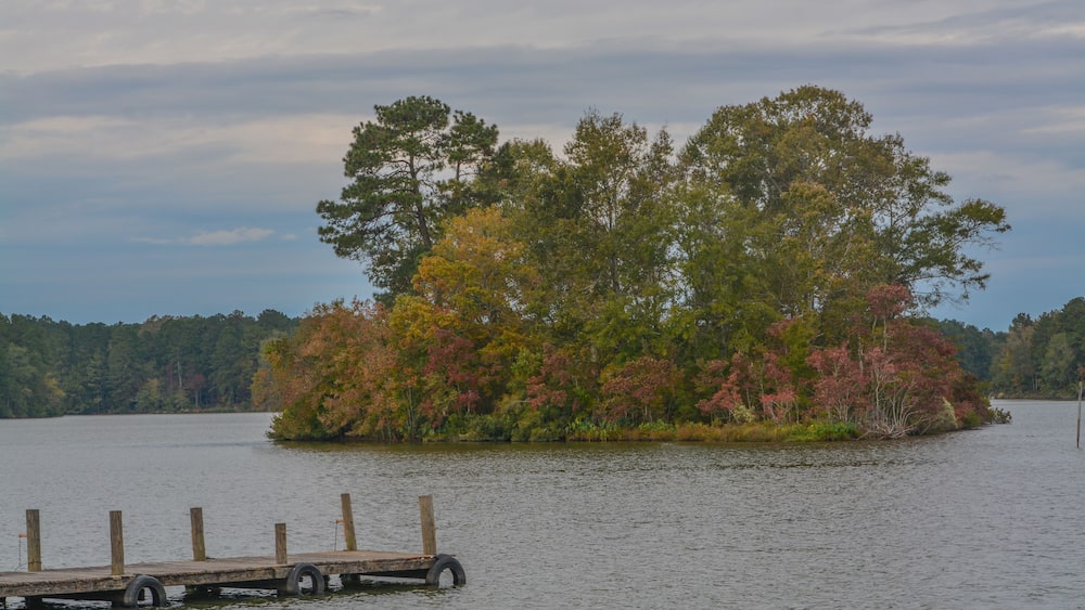 A lake with a dock and an island covered in autumn foliage.