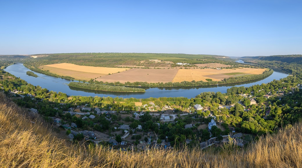 A river winding through a valley with fields and a small village.