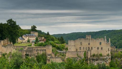 A historic castle with ruins and a large house amidst lush greenery.
