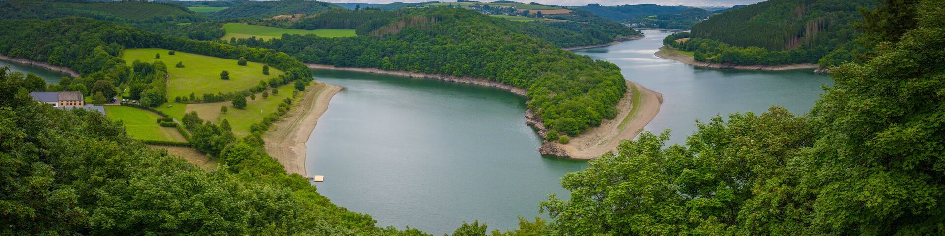 View and lookout above the Upper Sure reservoir near Esch‑sur‑Sûre in northern Luxembourg.
