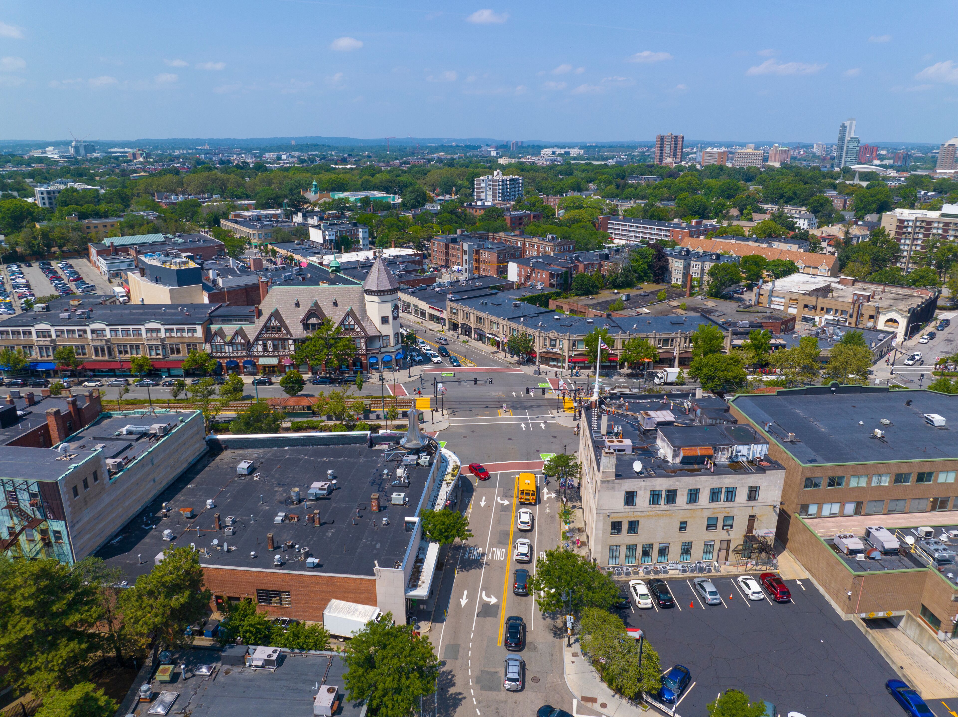 Historic commercial building aerial view including SS Pierce Building at Coolidge Corner 1366 Beacon Street at Harvard Street in city of Brookline, Massachusetts MA, USA. 