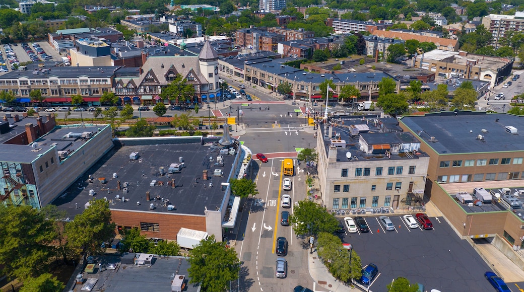 Historic commercial building aerial view including SS Pierce Building at Coolidge Corner 1366 Beacon Street at Harvard Street in city of Brookline, Massachusetts MA, USA.