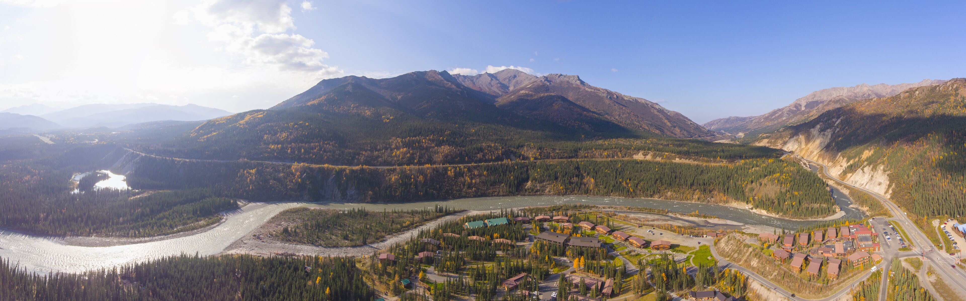 Denali National Park, Nenana River and Alaska Route 3 aka George Parks Highway aerial view in fall, at Denali Village, Alaska AK, USA.