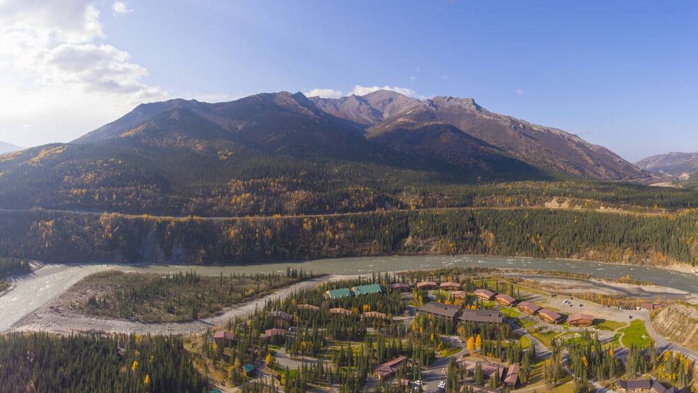 Denali National Park, Nenana River and Alaska Route 3 aka George Parks Highway aerial view in fall, at Denali Village, Alaska AK, USA.