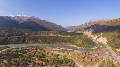 Denali National Park, Nenana River and Alaska Route 3 aka George Parks Highway aerial view in fall, at Denali Village, Alaska AK, USA.