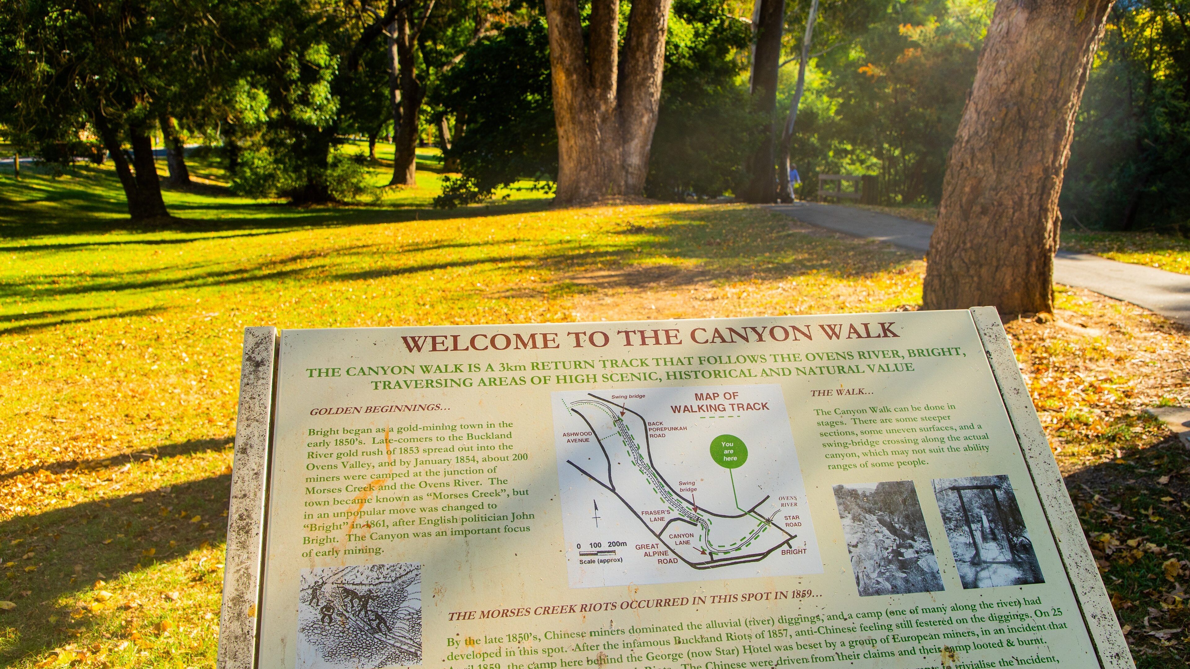 Un cartel histórico con el título 'Bienvenido al Paseo del Cañón', un mapa y texto sobre la historia de la zona.