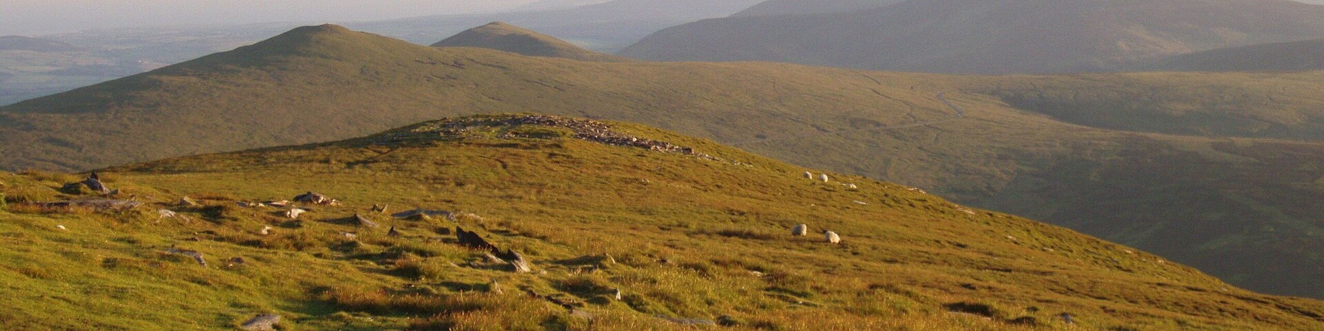 View from the top of Snaefell Mountain looking southwestward showing the mountainous terrain along the axis of the Isle of Man.
