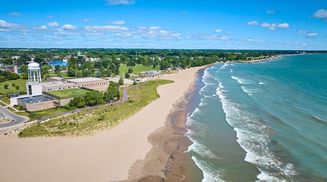 Aerial Fly Over Kenosha Beach and Water Tower