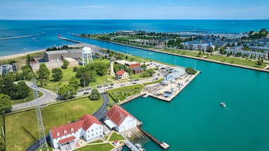 Aerial View of Marina and Red Lighthouse in Lakeside Town