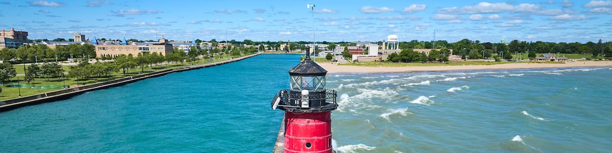 Aerial View of Red Kenosha Lighthouse on Lake Michigan