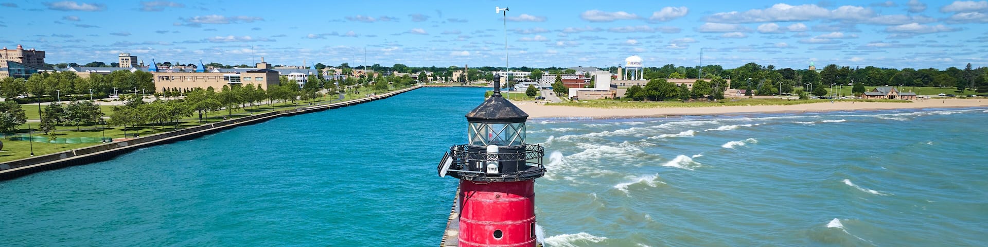 Aerial View of Red Kenosha Lighthouse on Lake Michigan