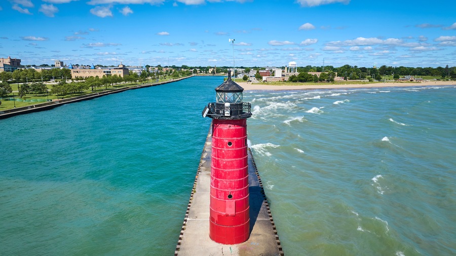 Aerial View of Red Kenosha Lighthouse on Lake Michigan
