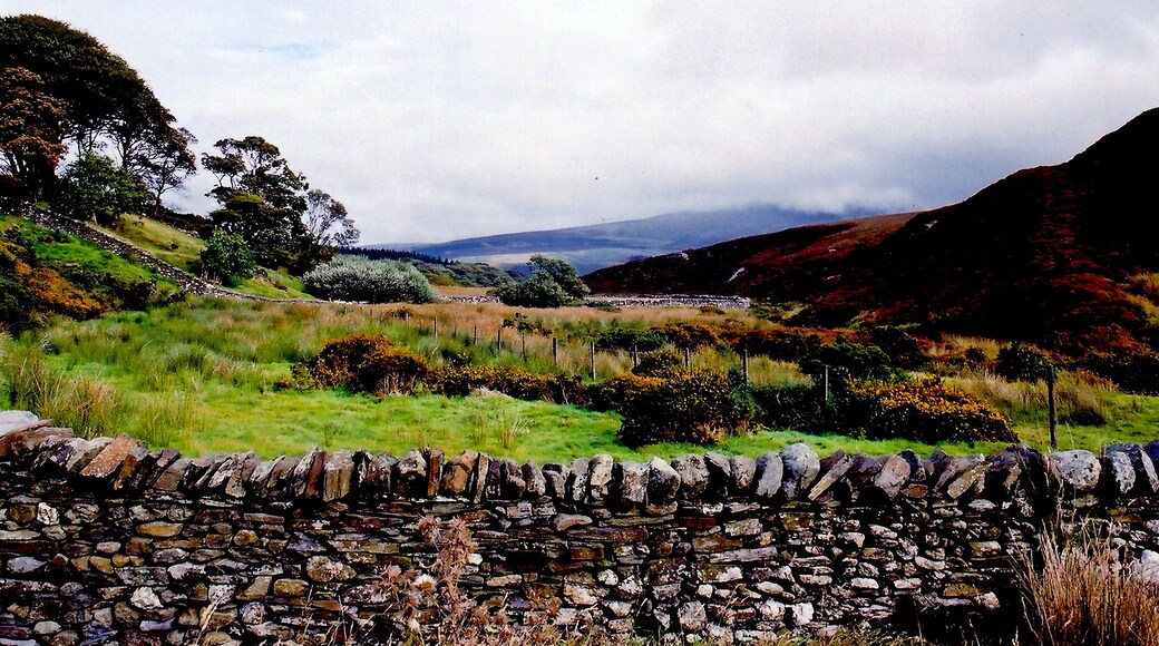 Druidale Road - Southwest of Sulby Reservoir - Oasis View is to the east. When I got to this area, it appeared as if it was an oasis amongst the hillsides, barren of trees, surrounding it, especially with the meandering stream shown here. This area was quite photogenic and this became a long stop, especially when I saw the wall, gate, and a footbridge over a stream. Druidale Road is shown at the left.