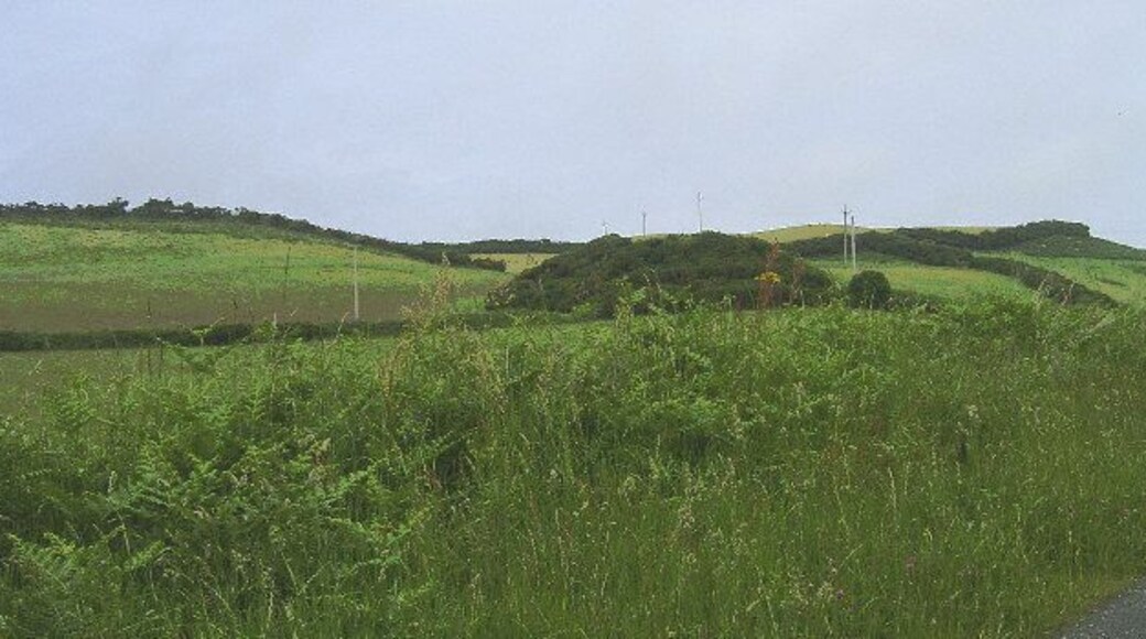 Pooil Ushtey (Pool of Water), Bride. Strangely there is no pool of water visible, but the gorse-covered mound is now known by this name. It is probable a natural glacial feature. Looking north-east from the Kimmeragh to Lambhill minor road.