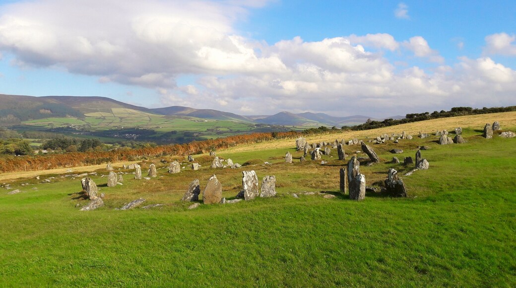 The remains of an Iron Age roundhouse and two Norse long houses at a single location in the Isle of Man