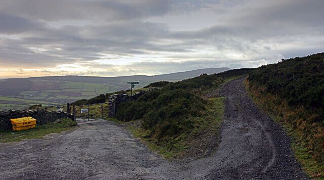 Track junction above Greeba. The track to the right leads west and down to Ballig. Through the gate is the road to Greeba.