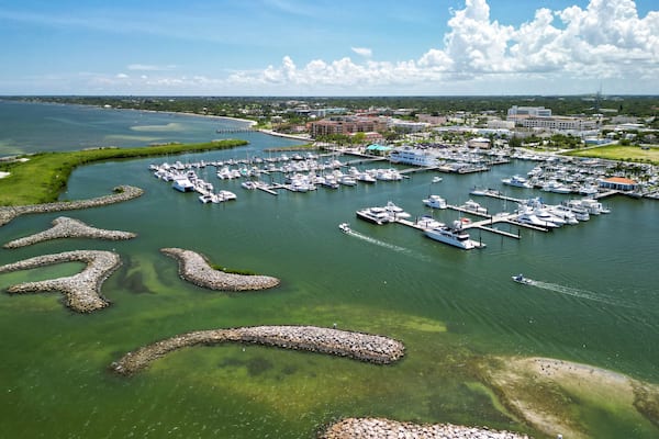 Rock jetties protecting the downtown Fort pierce boat harbor on the Treasure Coast of Florida in St. Lucie County